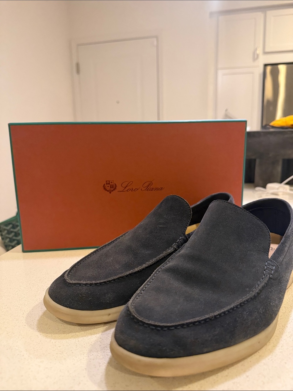 Loro Piana Summer Walks Navy Suede Slip-On Loafers